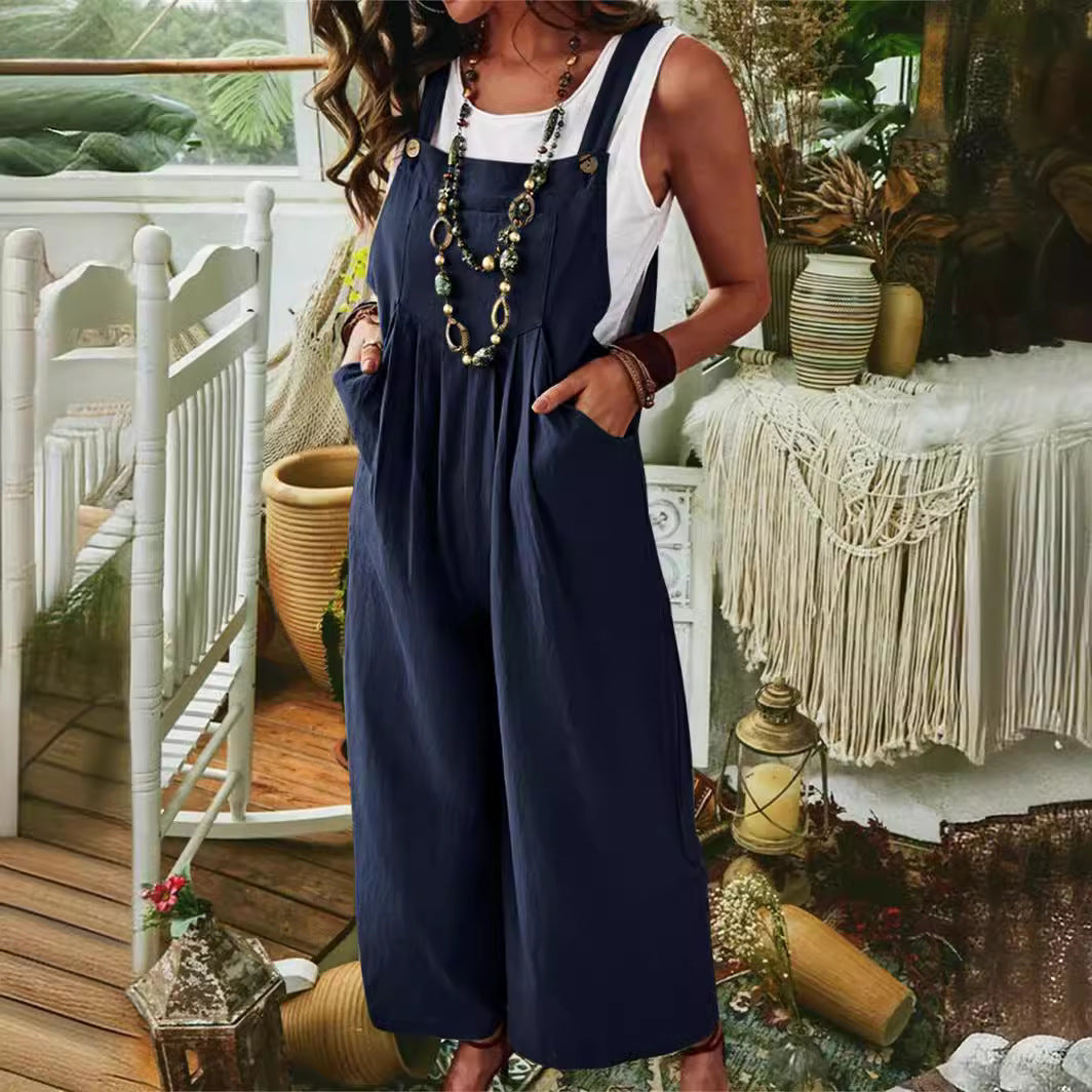 Ladies Casual Jumpsuit with Wide Leg and Pockets