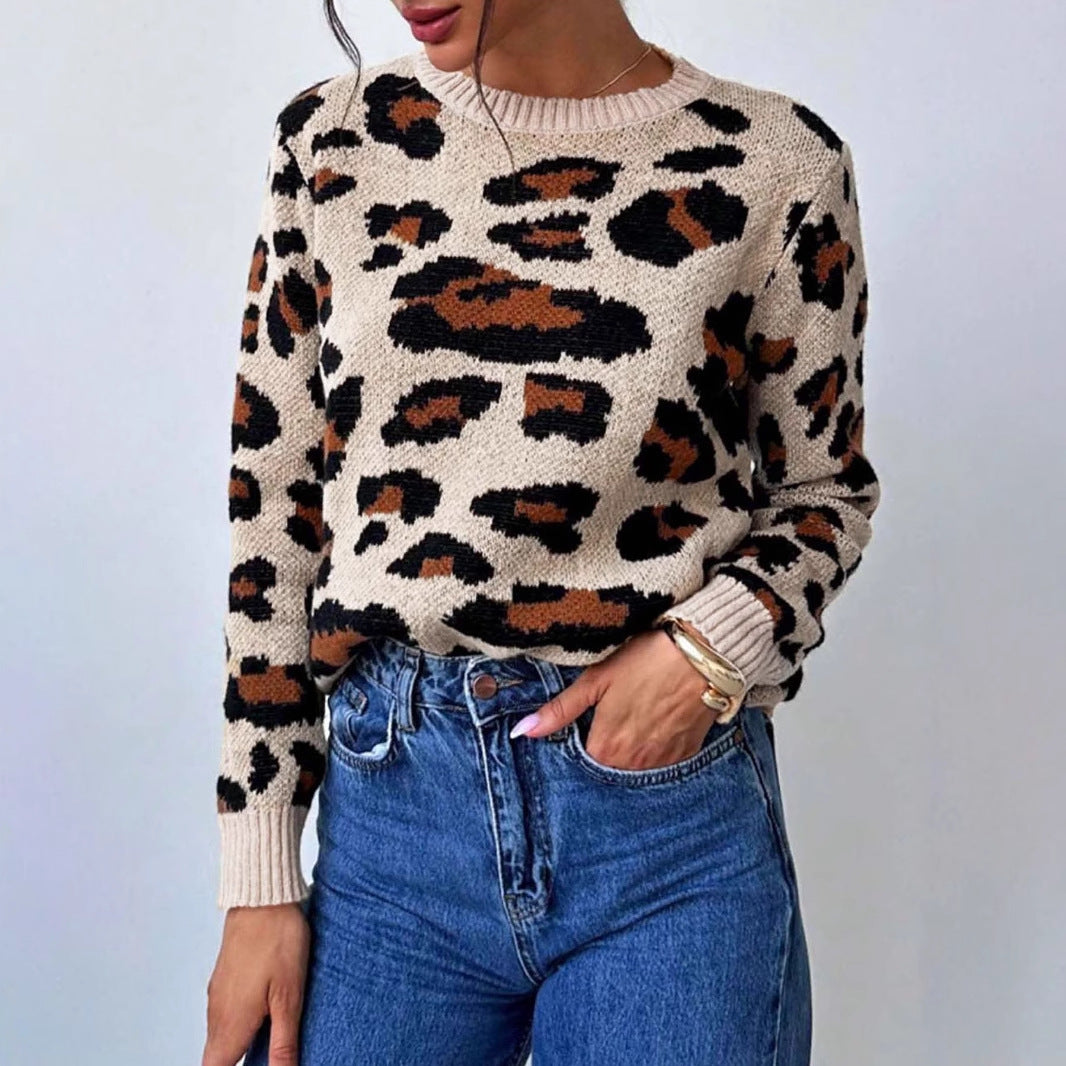 Women's cozy knit pullover with leopard pattern and dropped shoulders
