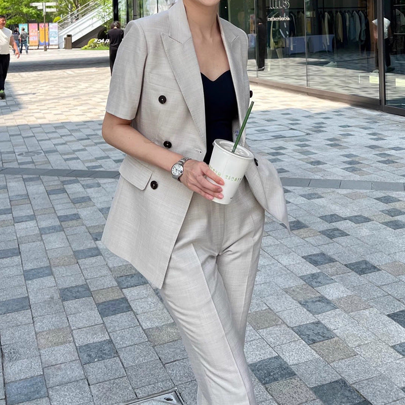 Women Short Sleeve Double Breasted Suit Set