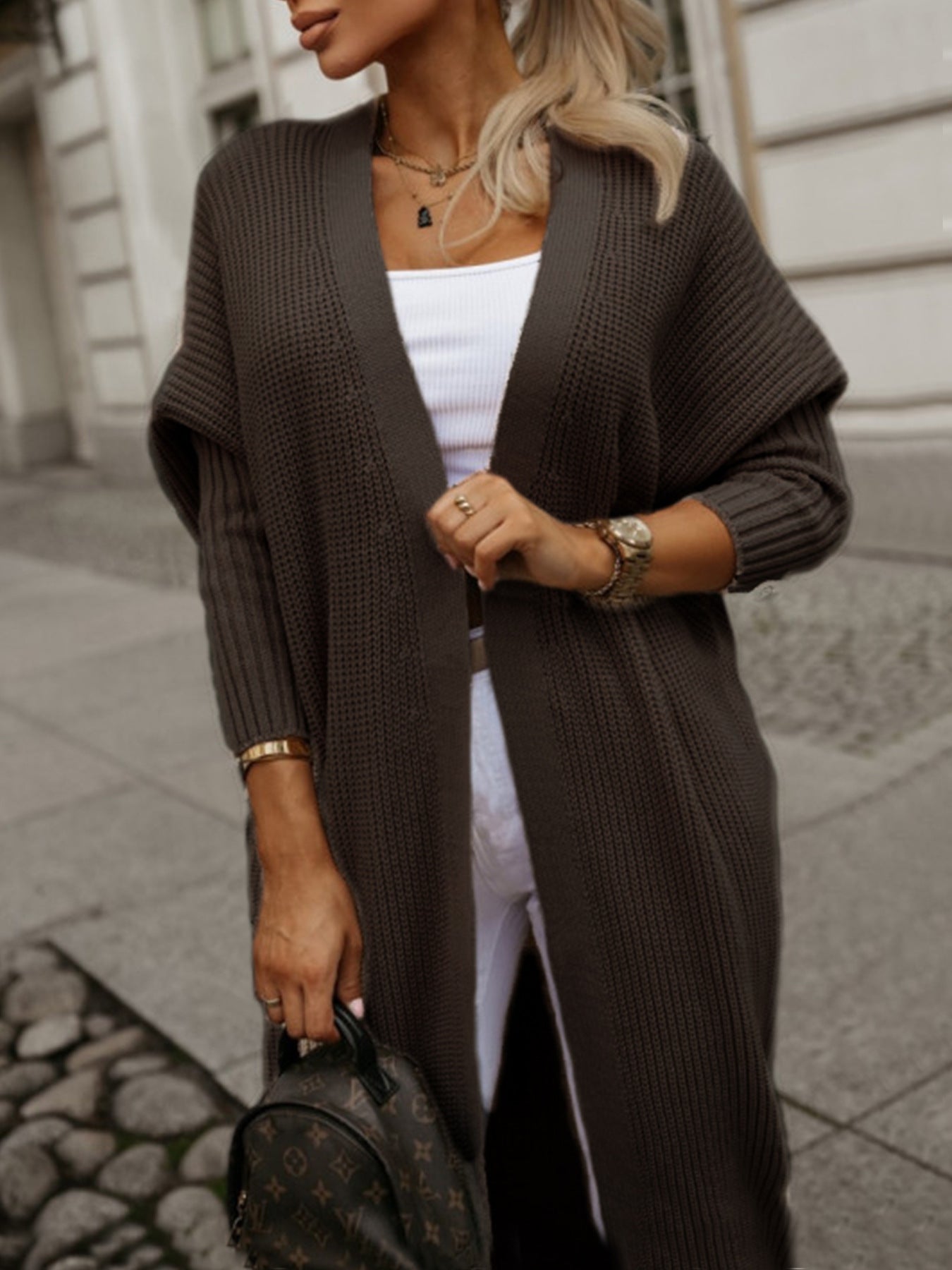 Women’s fashionable long sleeve cardigan with open cut and waffle pattern