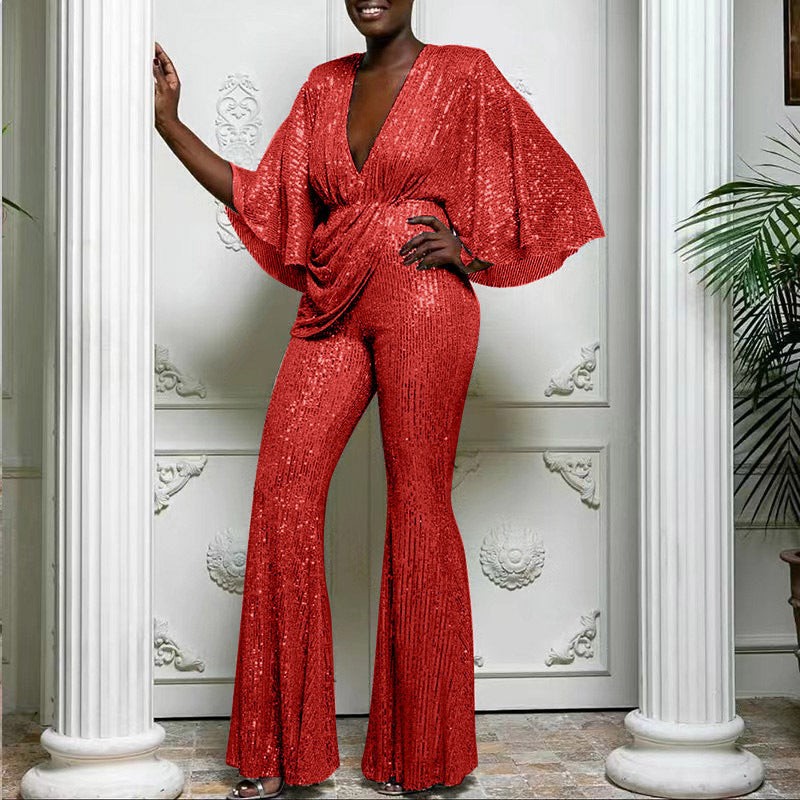 Women's Glamorous Jumpsuit with Sparkling Sequins and Wide Leg