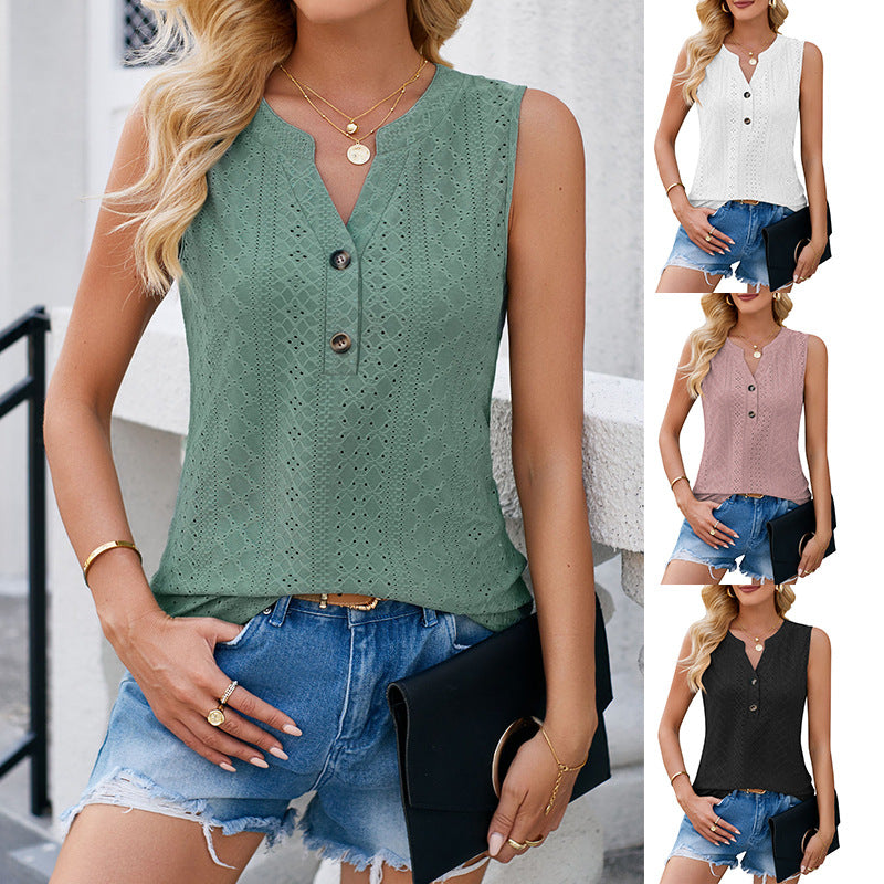 Women's sleeveless blouse shirt with decorative eyelet pattern and button placket