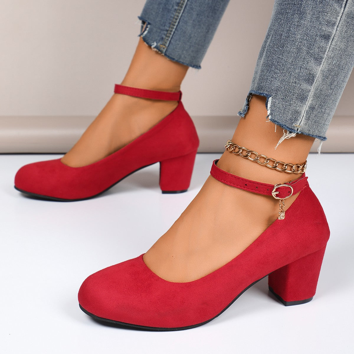 Women's block heel pumps with adjustable ankle strap and soft suede