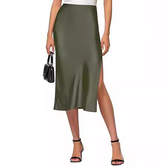Women Satin Midi Skirt with High Slit
