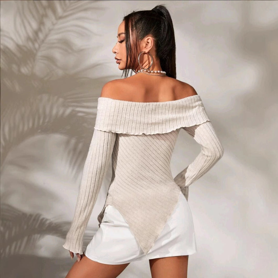 Women off-the-shoulder top made of ribbed knit with asymmetric hem and decorative details