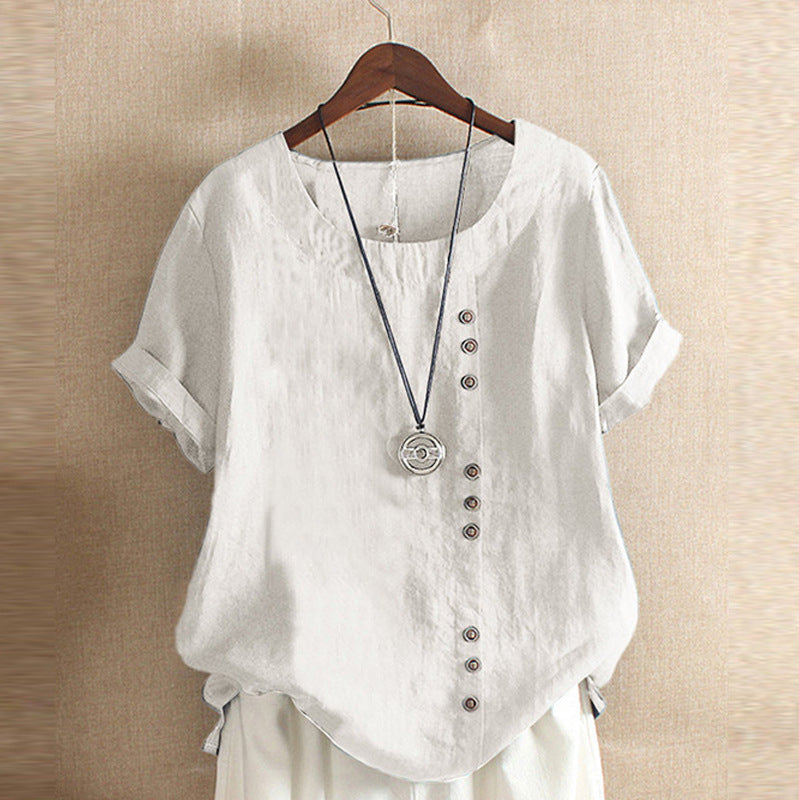 Women's casual linen blouse with convertible sleeves and button details