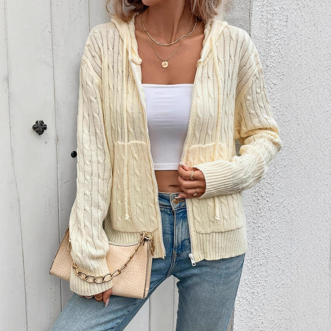 Women's striped cardigan with zipper and hood