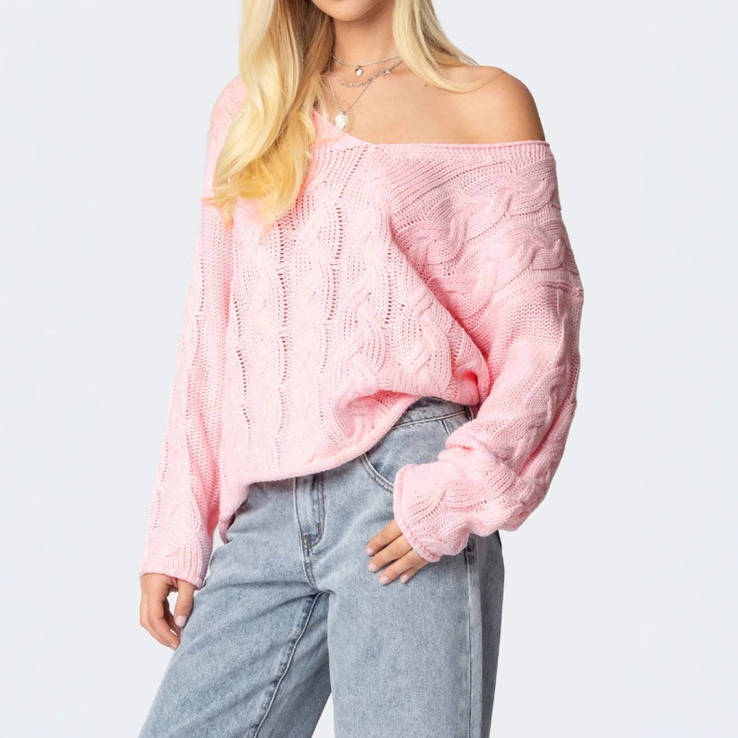 Women's chunky knit pullover with deep V-neck and casual silhouette