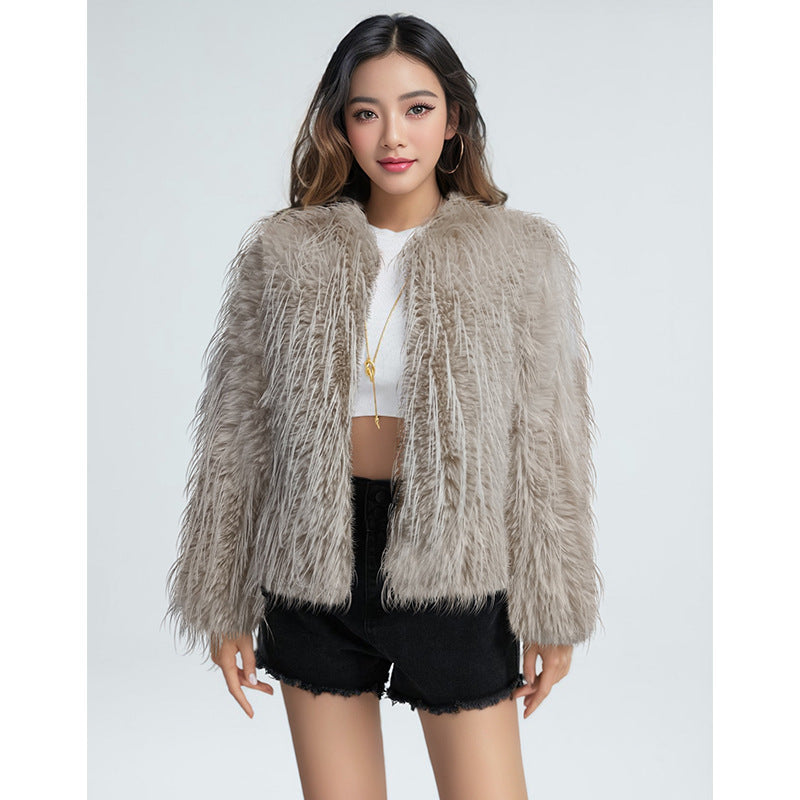 Ladies Elegant Plush Jacket with High Collar
