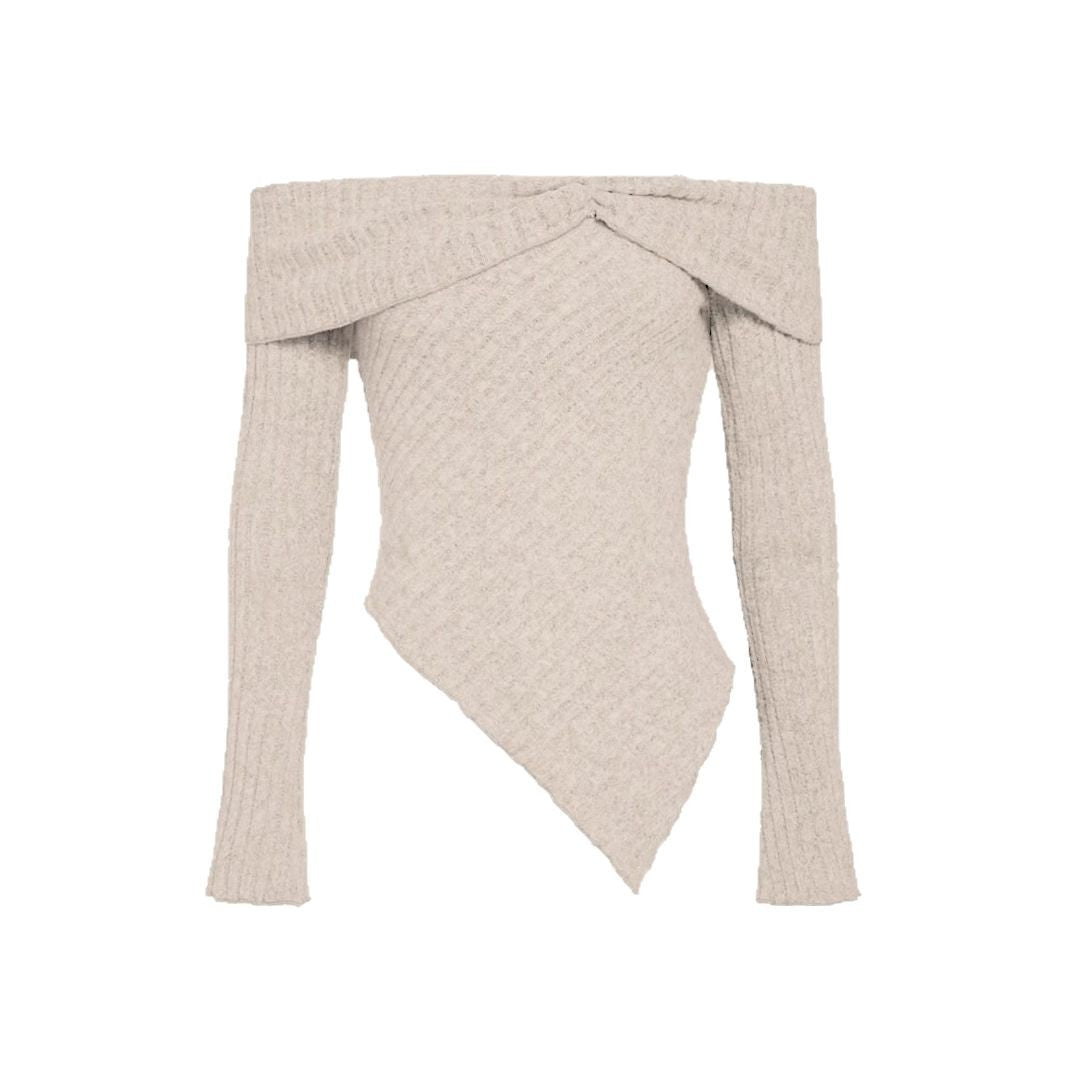 Women off-the-shoulder top made of ribbed knit with asymmetric hem and decorative details