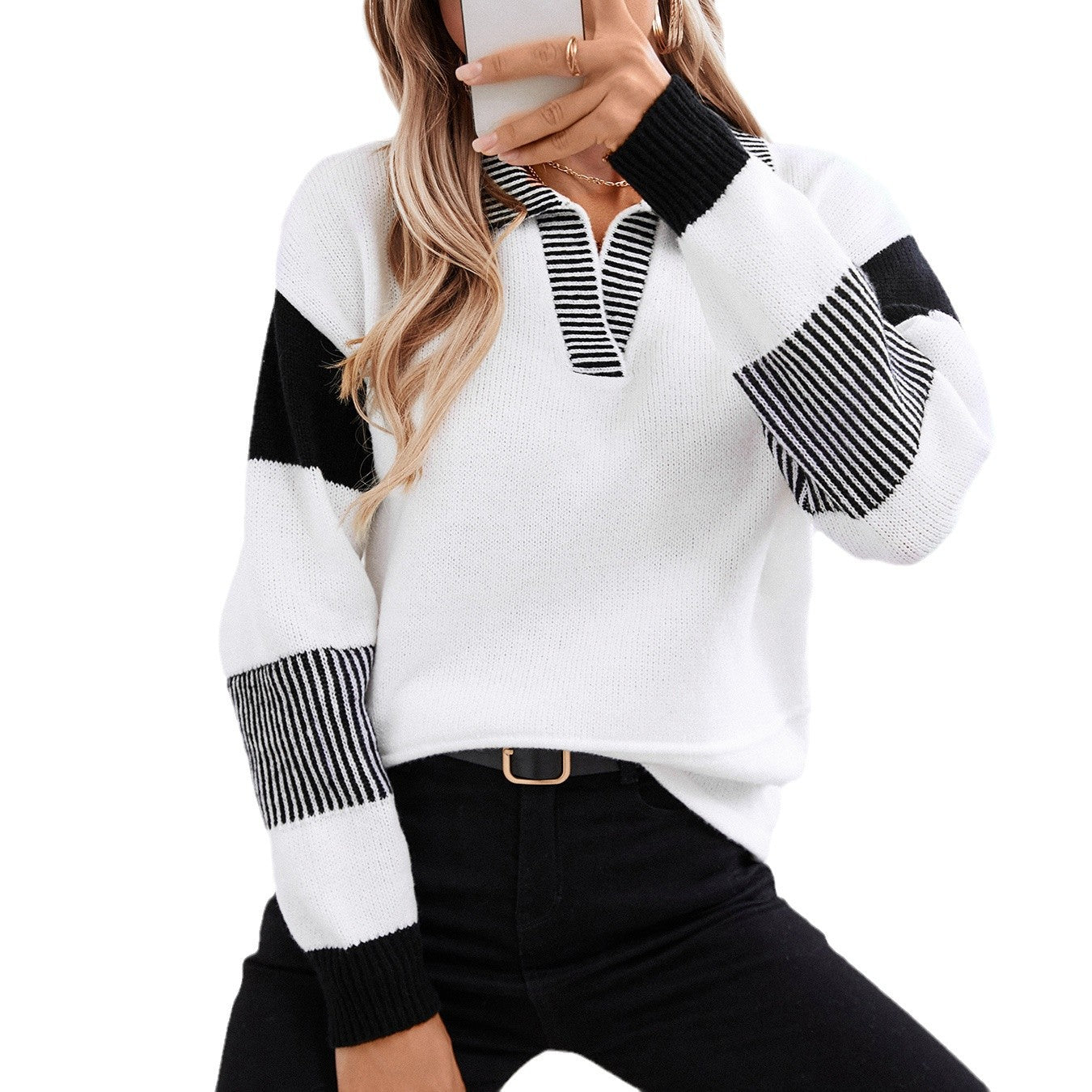 Ladies fashionable pullover with polo collar and contrasting stripes