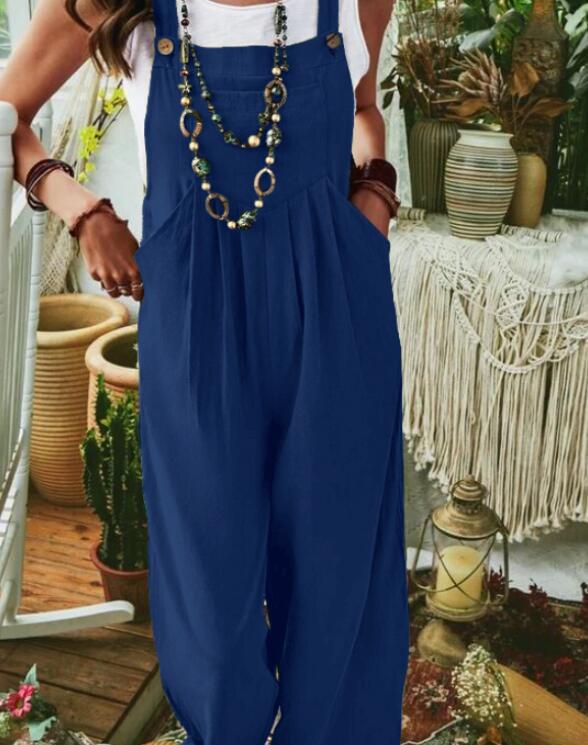 Ladies Casual Jumpsuit with Wide Leg and Pockets