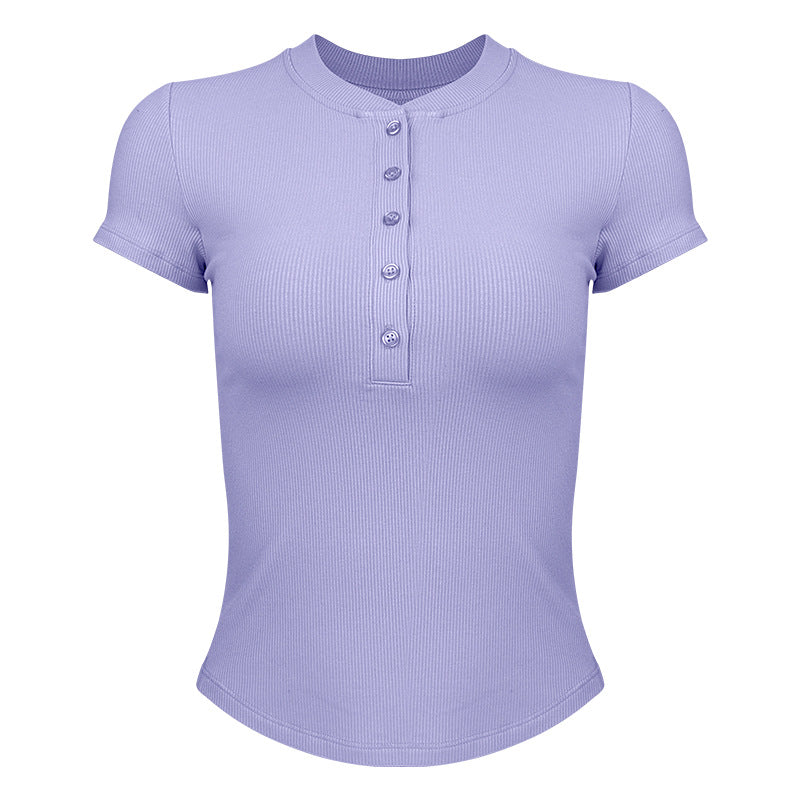 Women's modern short sleeve Henley shirt with button placket and fine rib structure