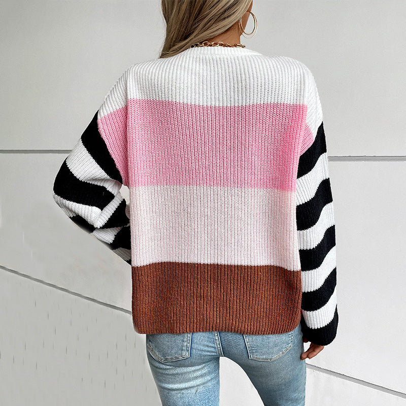 Ladies fashionable pullover with casual stripe pattern and loose fit