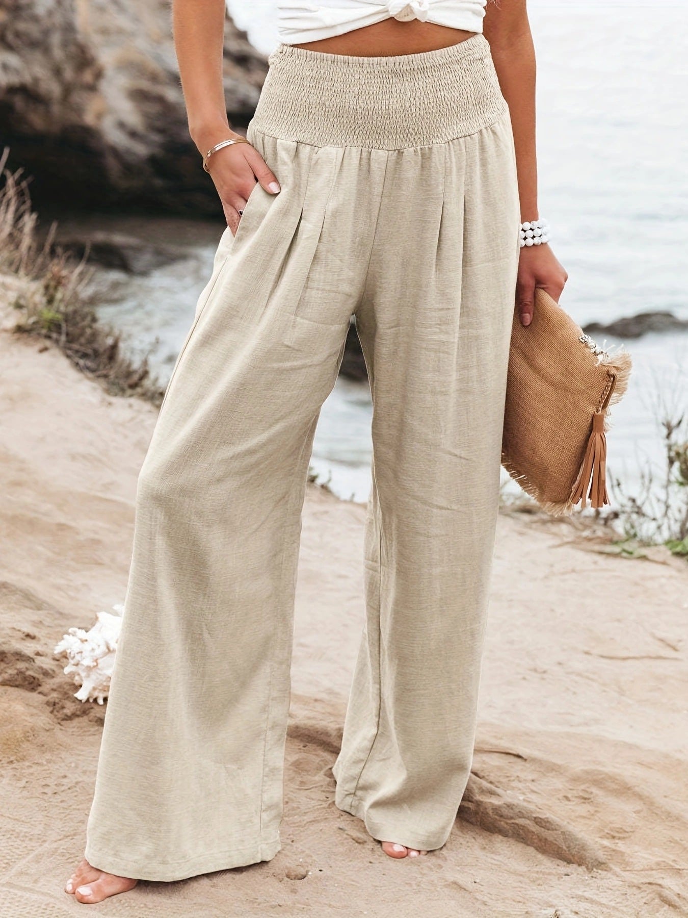 Ladies long, wide linen pants with elastic waistband