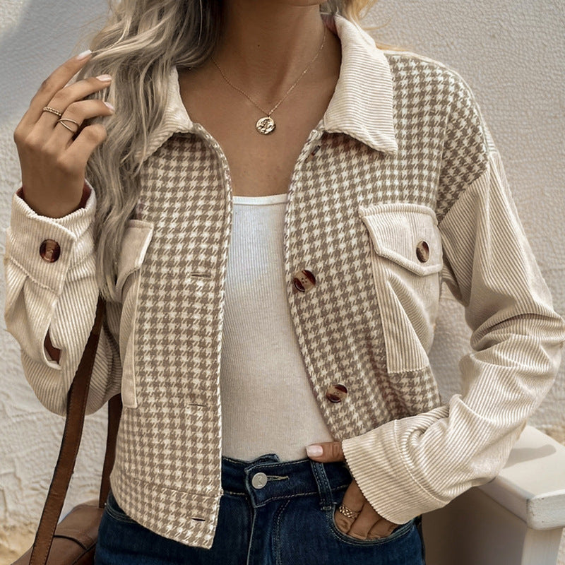 Women's cord jacket with modern houndstooth design and practical pockets