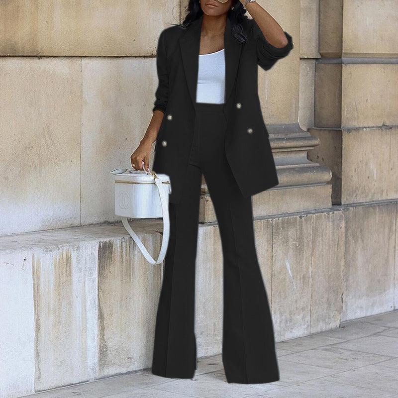 Ladies Elegant Two-Piece Suit Set with Wide-Leg Pants and Fashionable Blazer