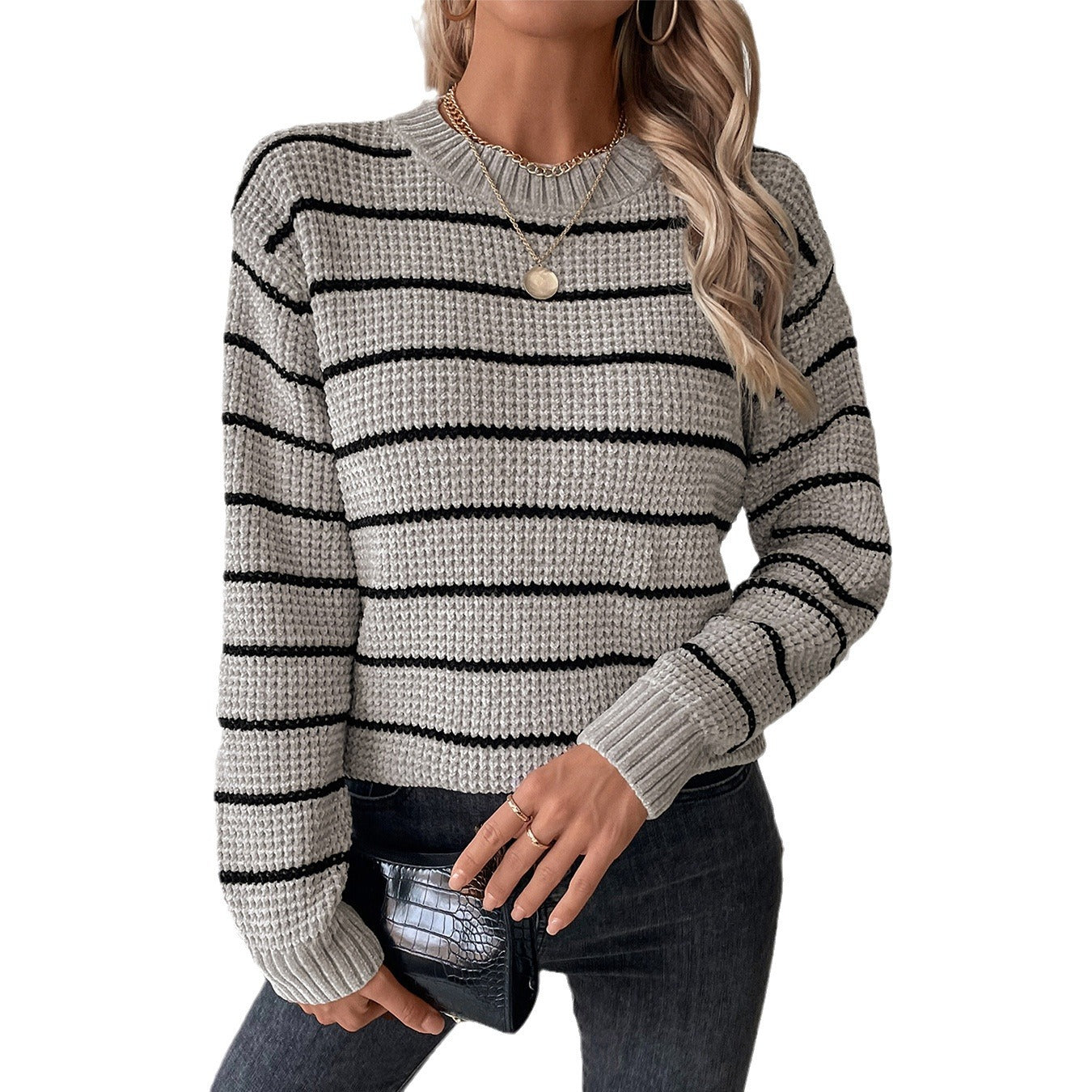 Ladies casual knitted pullover with wide stripe pattern