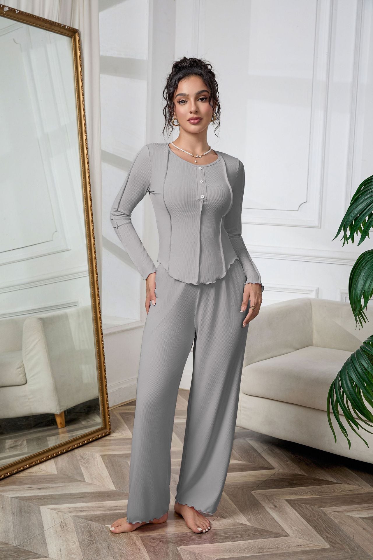 Women's Pajama Set with Elegant Button Placket and Ruffled Sleeves