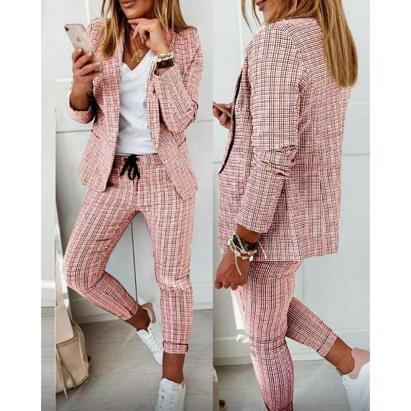 Ladies elegant check pattern suit set