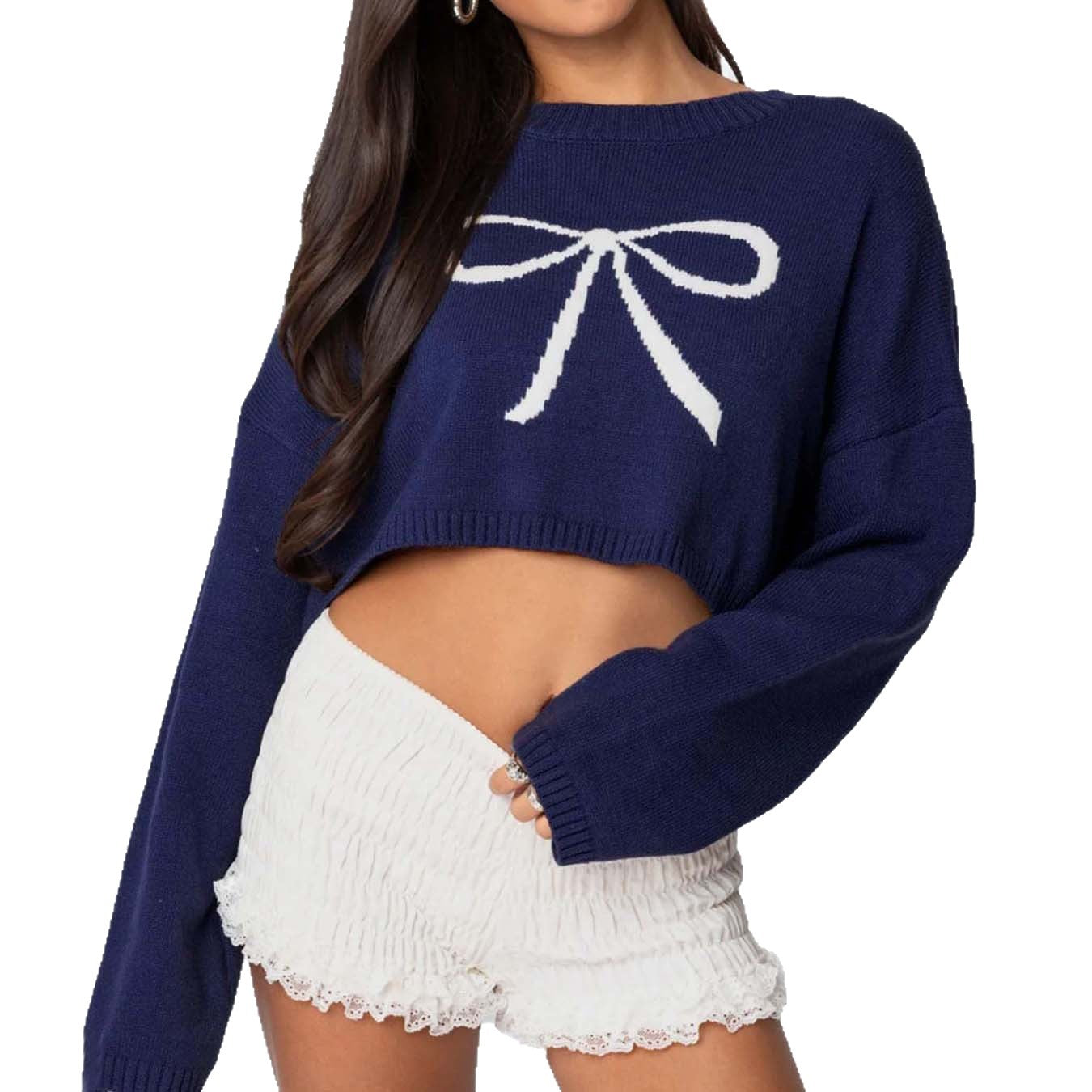 Ladies loose cropped pullover with decorative bow pattern