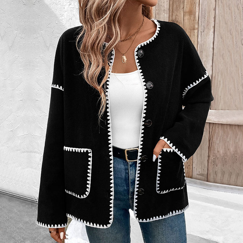 Women's casual cardigan with contrasting button details and patch pockets