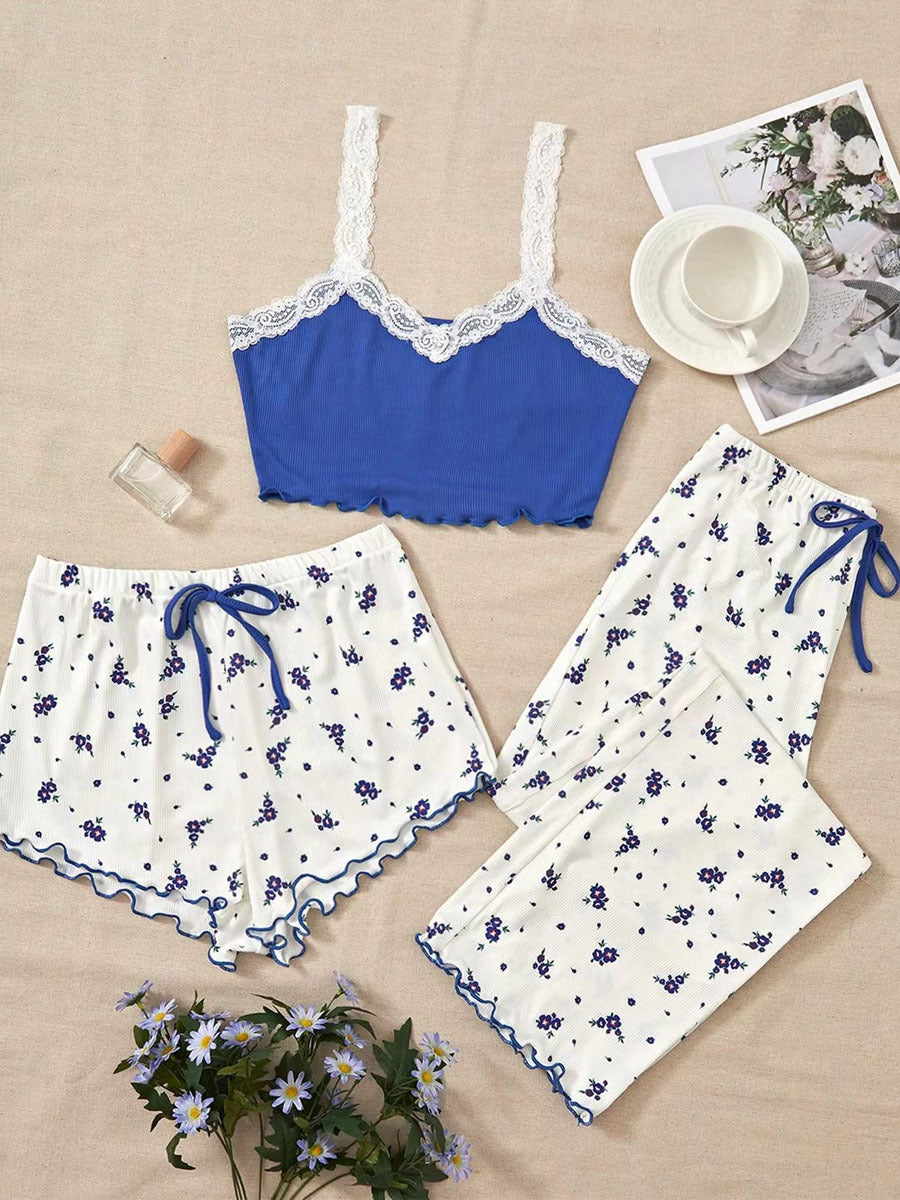 Ladies' pajama set with lace-trimmed straps and floral design