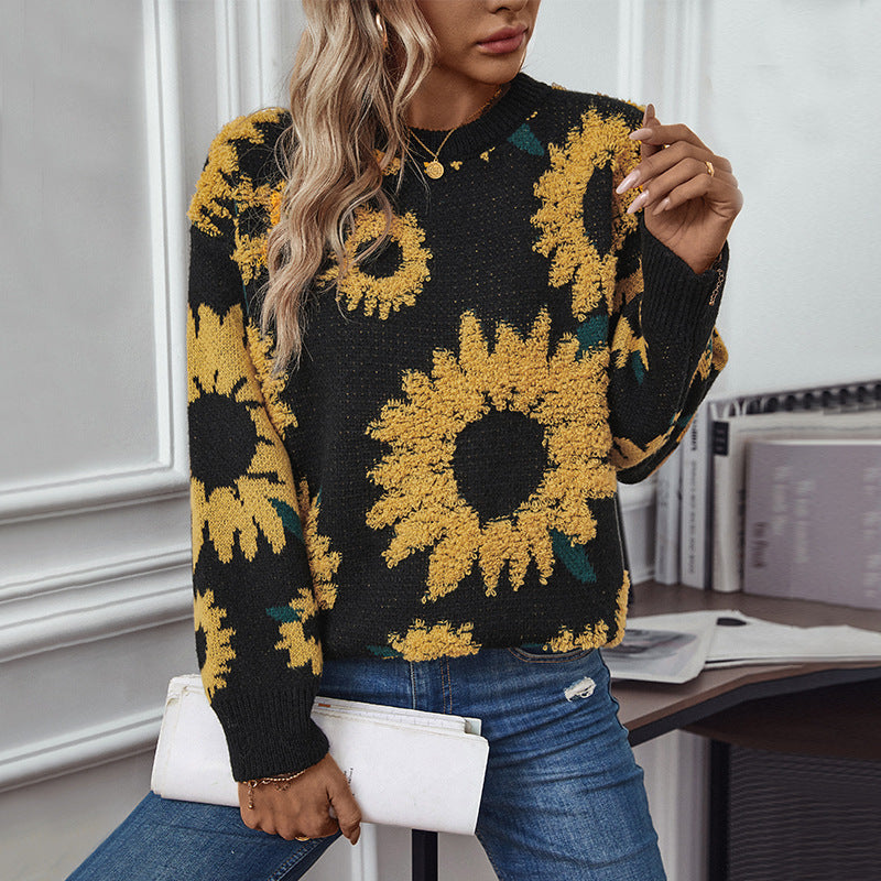 Ladies cozy pullover with sunflower motif