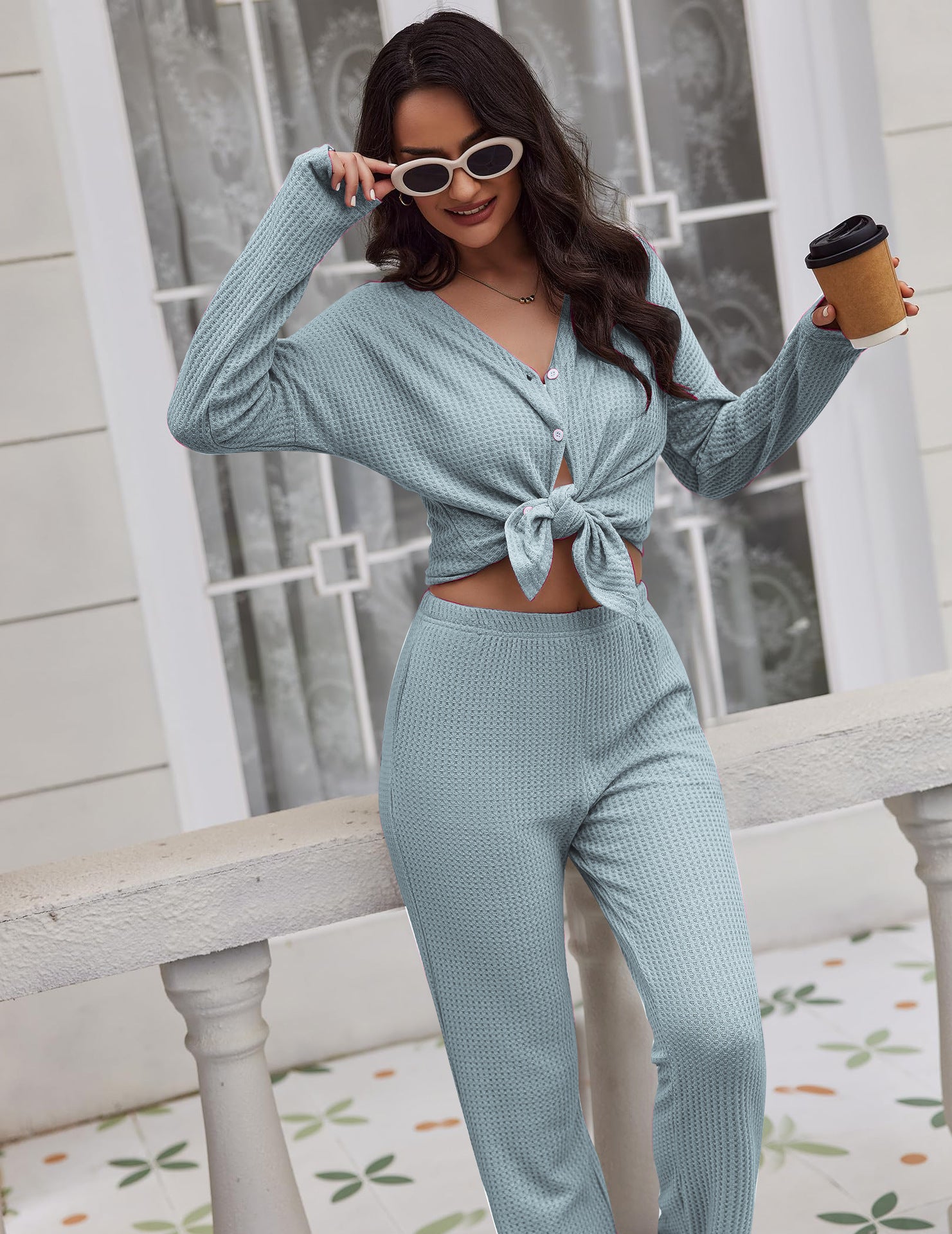 Women's pajama set with long sleeves and button placket