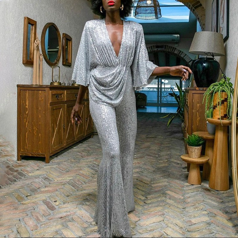 Women's Glamorous Jumpsuit with Sparkling Sequins and Wide Leg