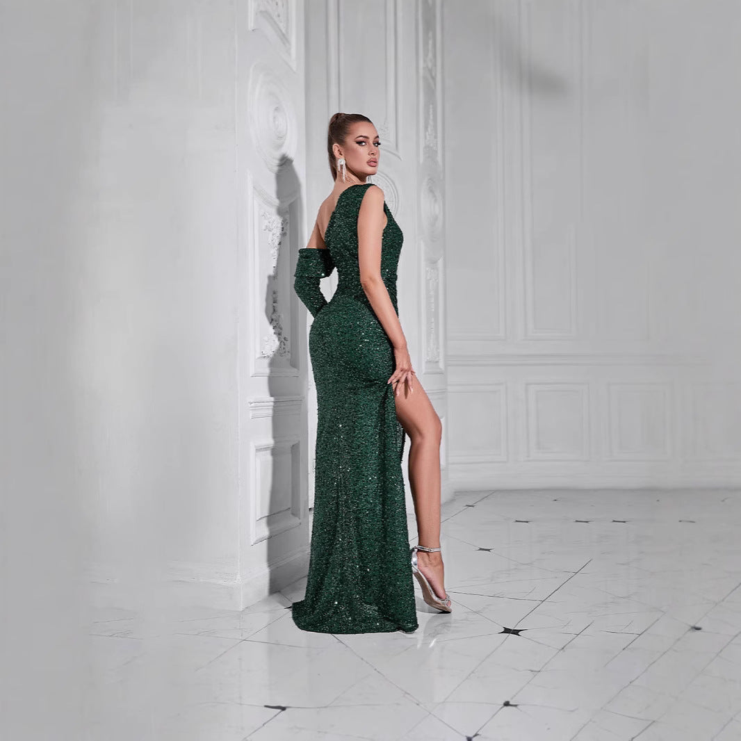 Women's Glamorous Evening Dress with Asymmetric Cut-Out and Sparkling Sequins