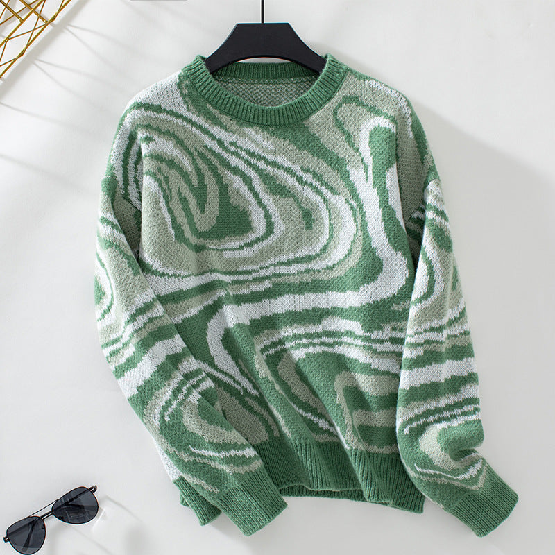 Women's patterned knitted pullover with modern wave pattern and round neck