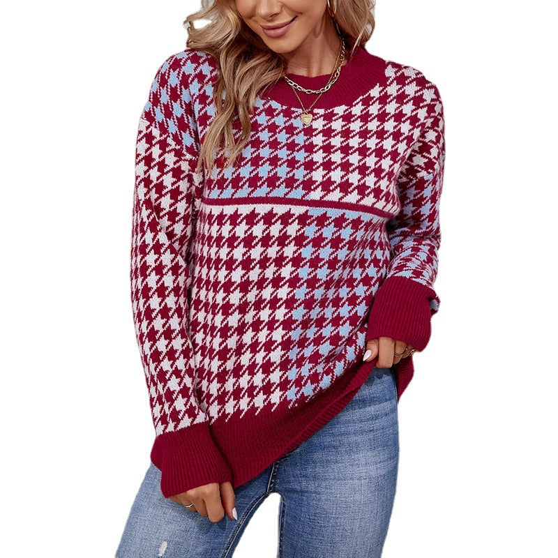 Women's cozy knitted pullover with trendy check pattern and loose fit