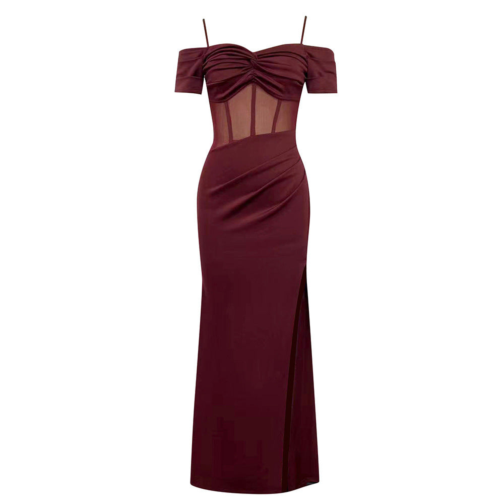 Women's Elegant Maxi Dress with Gatherings and Side Slit