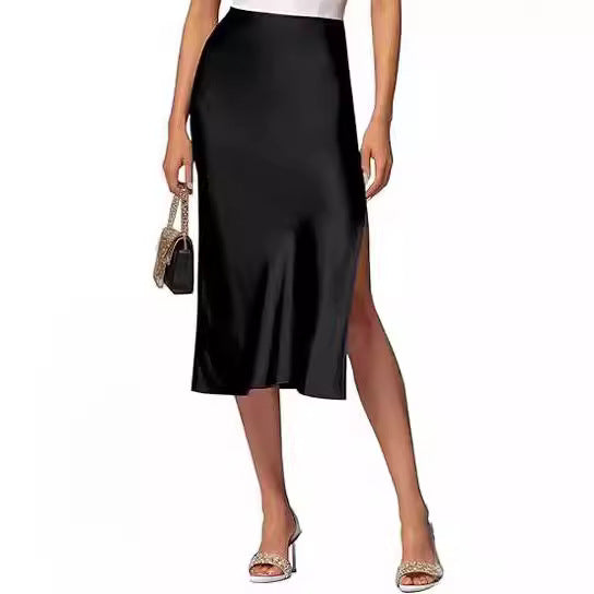Women Satin Midi Skirt with High Slit