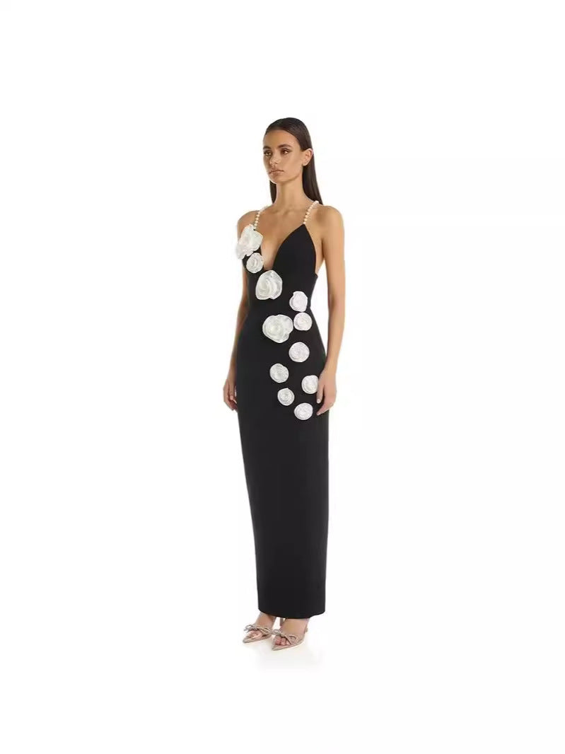Ladies Elegant Maxi Dress with Decorative Rose Applications and Slim Cut