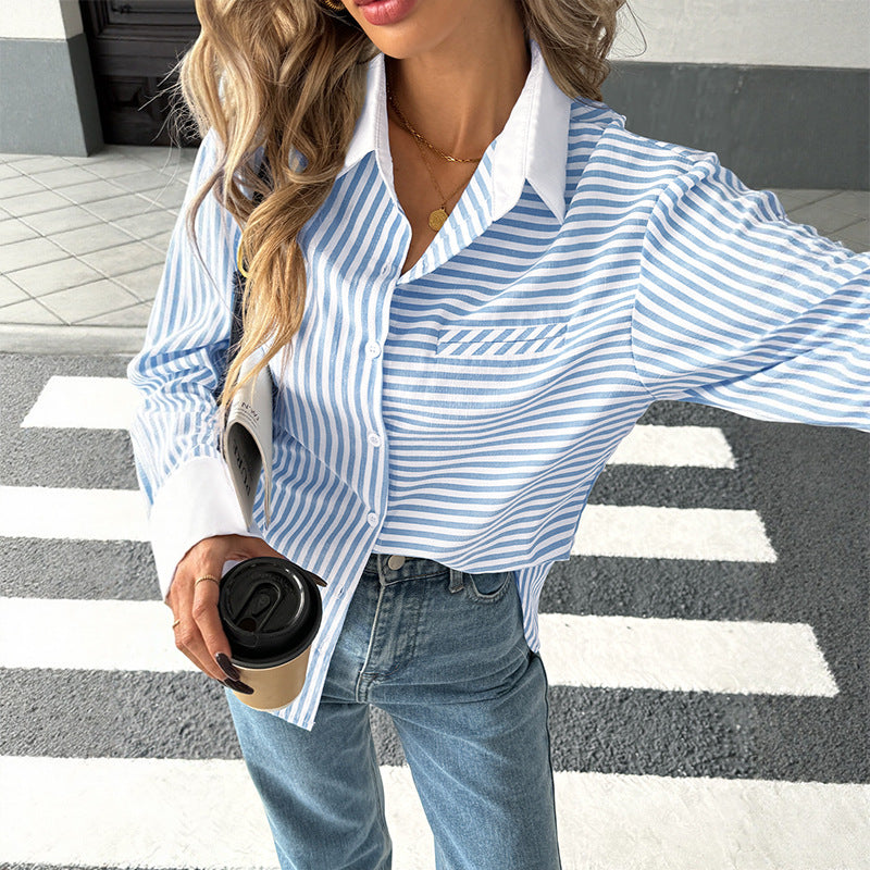 Women's Sporty Blouse with Stripes and Pockets