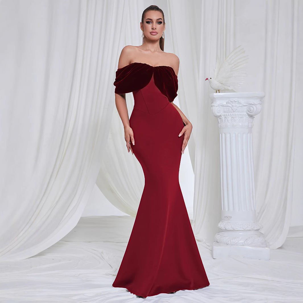 Ladies Elegant Mermaid Evening Dress with Off-Shoulder Design and Voluminous Puff Sleeves