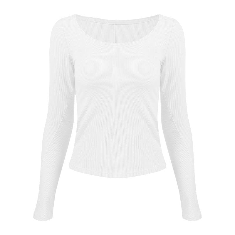 Women's Long Sleeve Ribbed T-Shirt with Wide Neckline and Fitted Cut