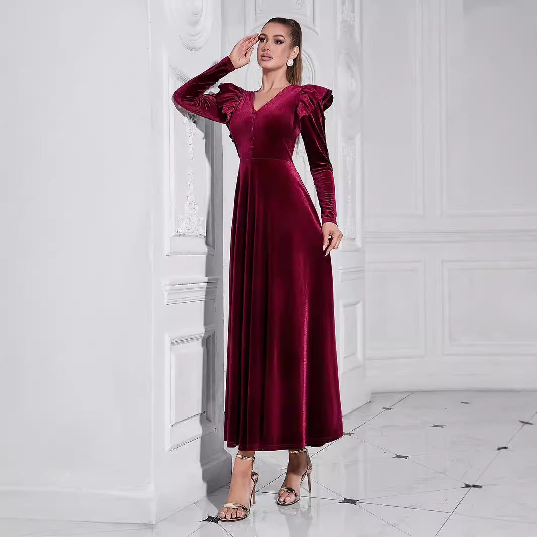 Ladies Elegant Maxi Dress with Ruffle Details and Deep V-Neck