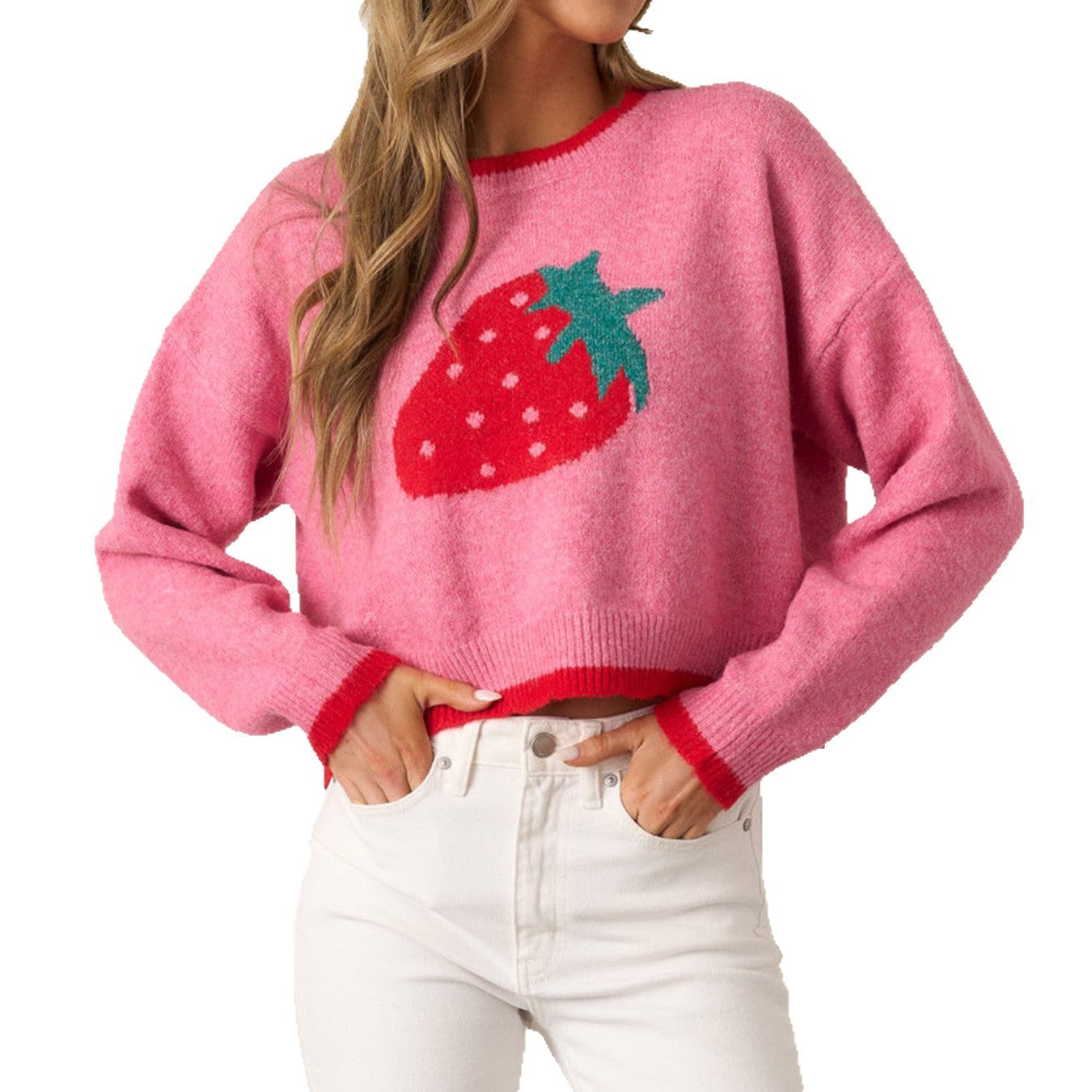 Women’s trendy pullover with strawberry motif and contrast cuffs
