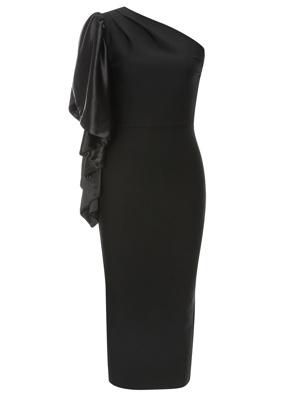 Ladies figure-flattering wrap dress with one sleeve and ruffles