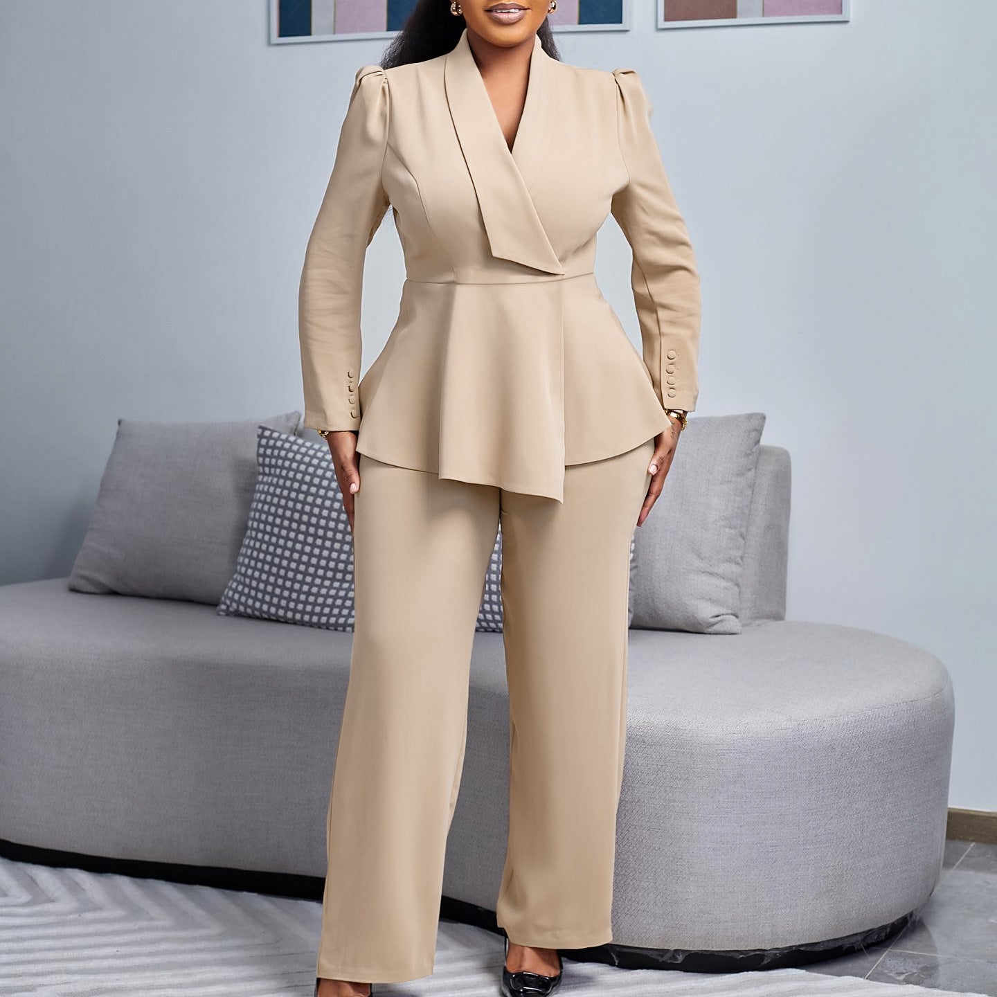 Women's suit with elegant blazer and wide pant leg