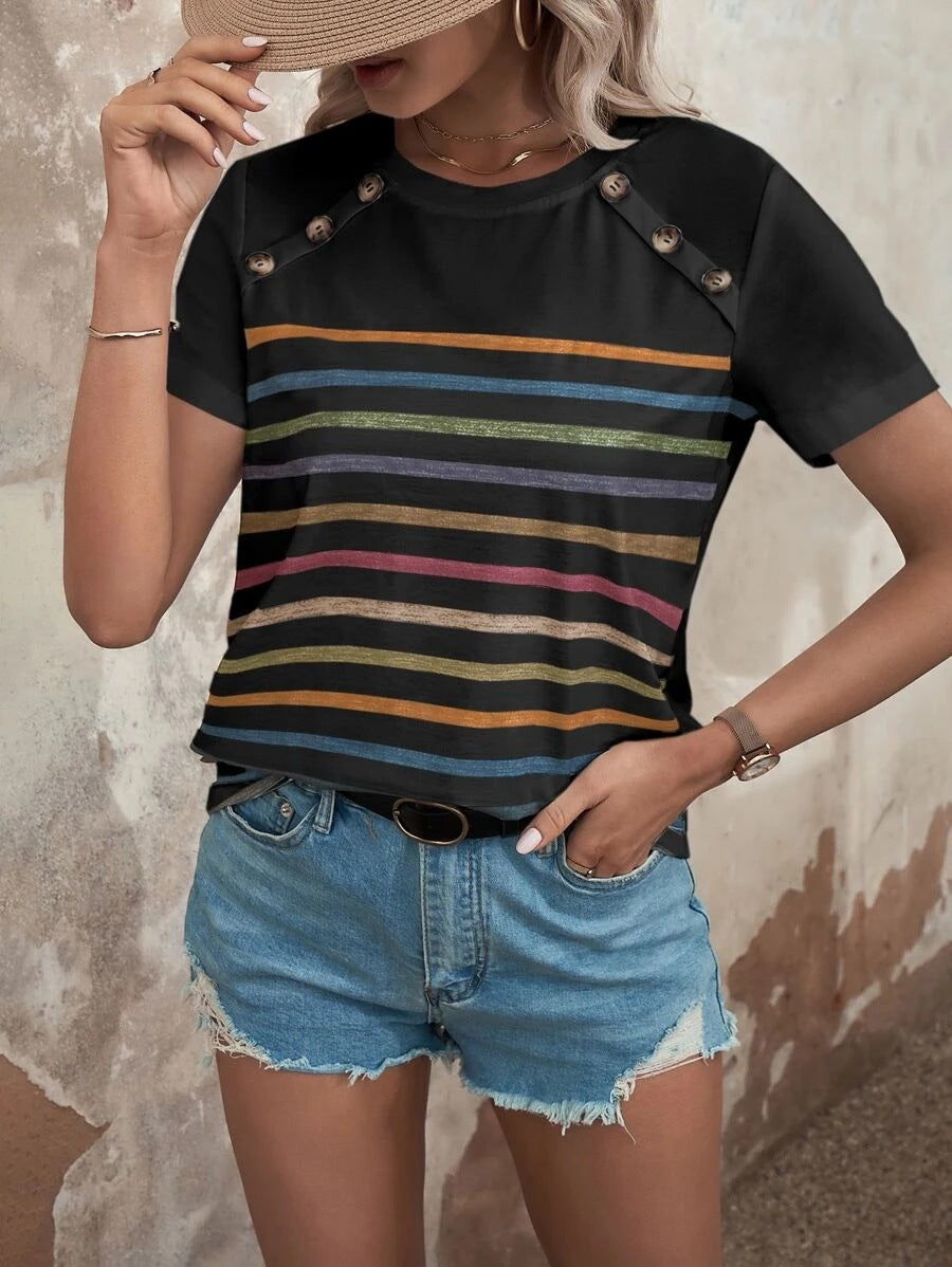 Women striped T-shirt with stylish button details and round neck