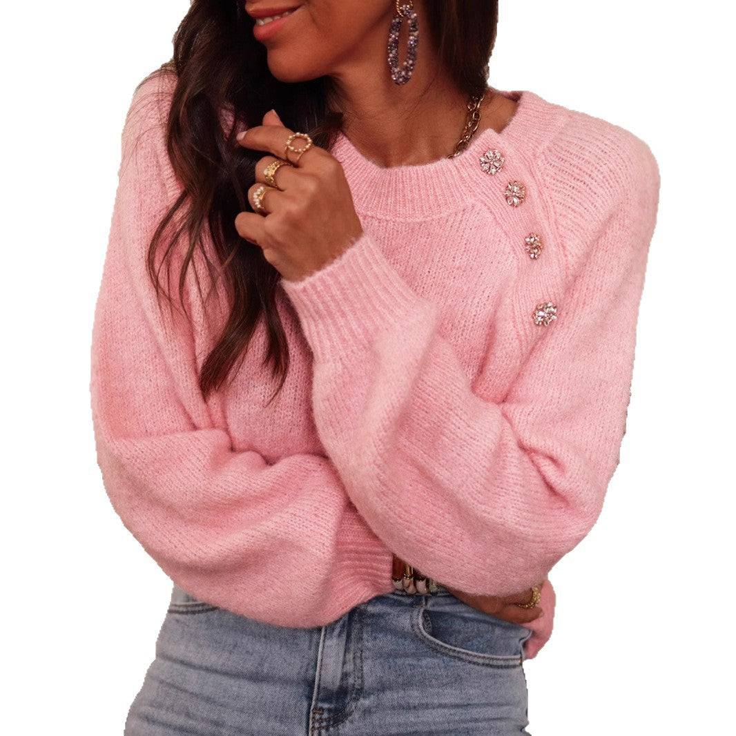 Women elegant oversized pullover with rhinestone details