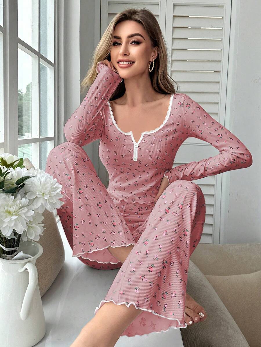 Women's Pajama Set with Lace Trim and Floral Design