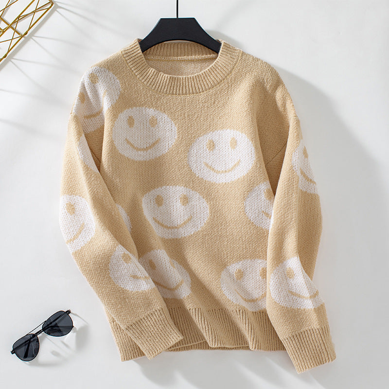 Women's casual pullover with cheerful smiley pattern