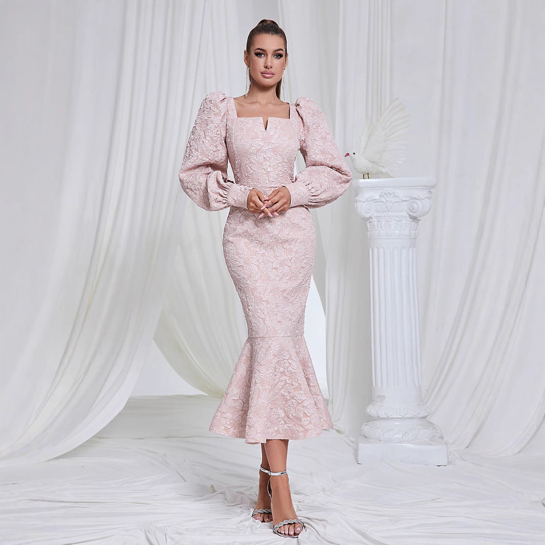 Women Elegant Dress with Floral 3D Applications and Puff Sleeves