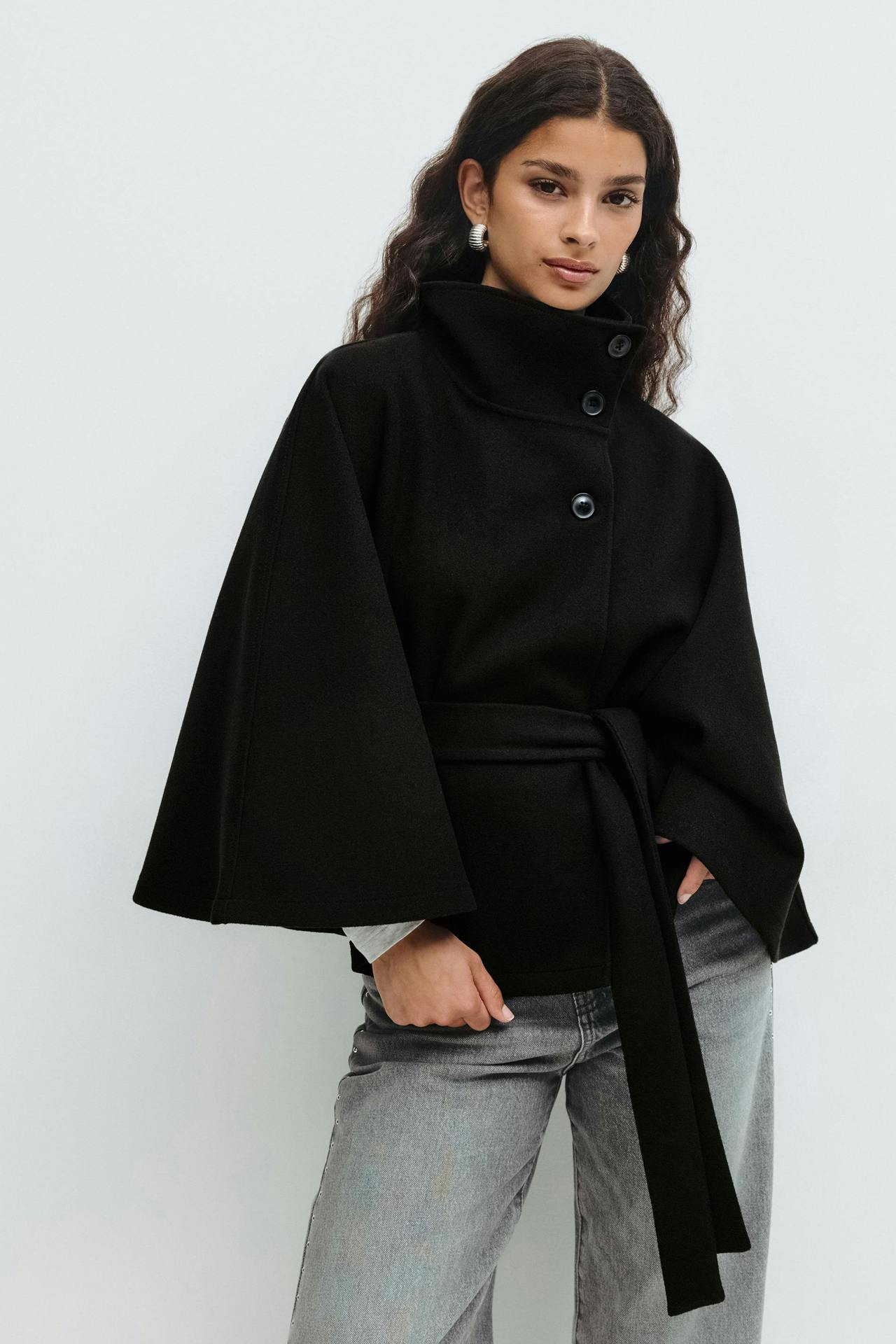 Women's wrap jacket with high collar line and wide sleeves