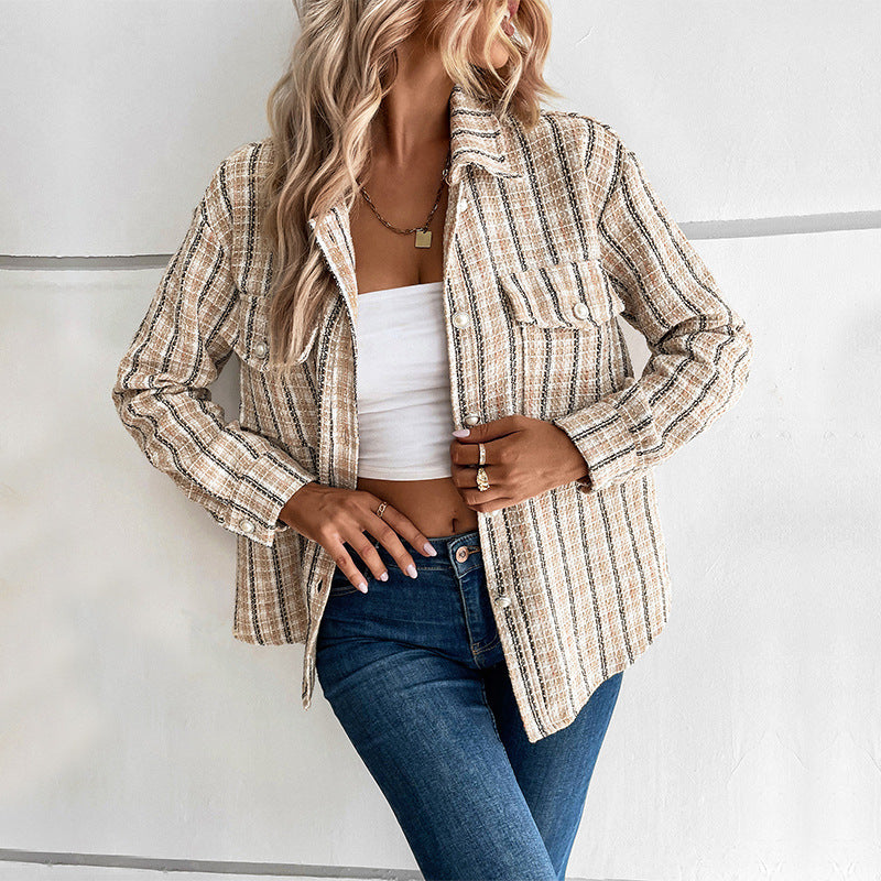 Women's checkered shirt with patch pockets and textured fabric